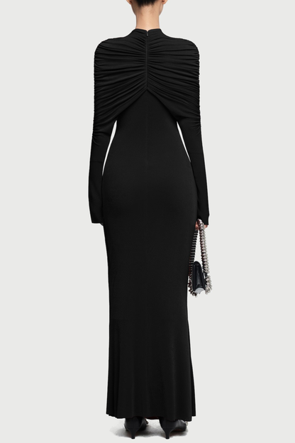bonnie long sleeve pleated knot bodycon maxi dress in black