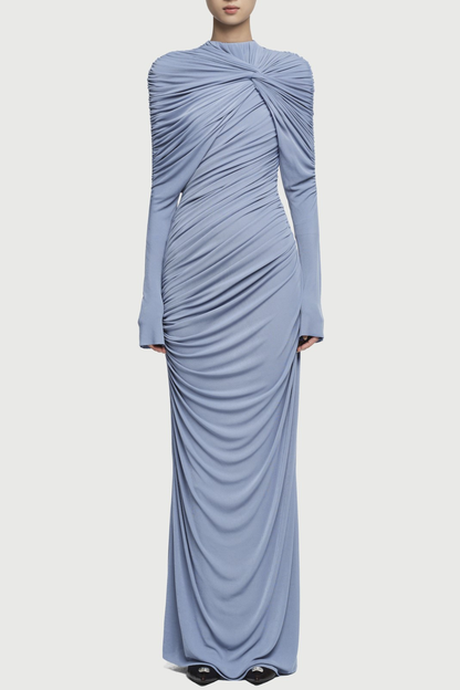 bonnie long sleeve pleated knot bodycon maxi dress in blue
