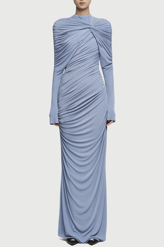 bonnie long sleeve pleated knot bodycon maxi dress in blue