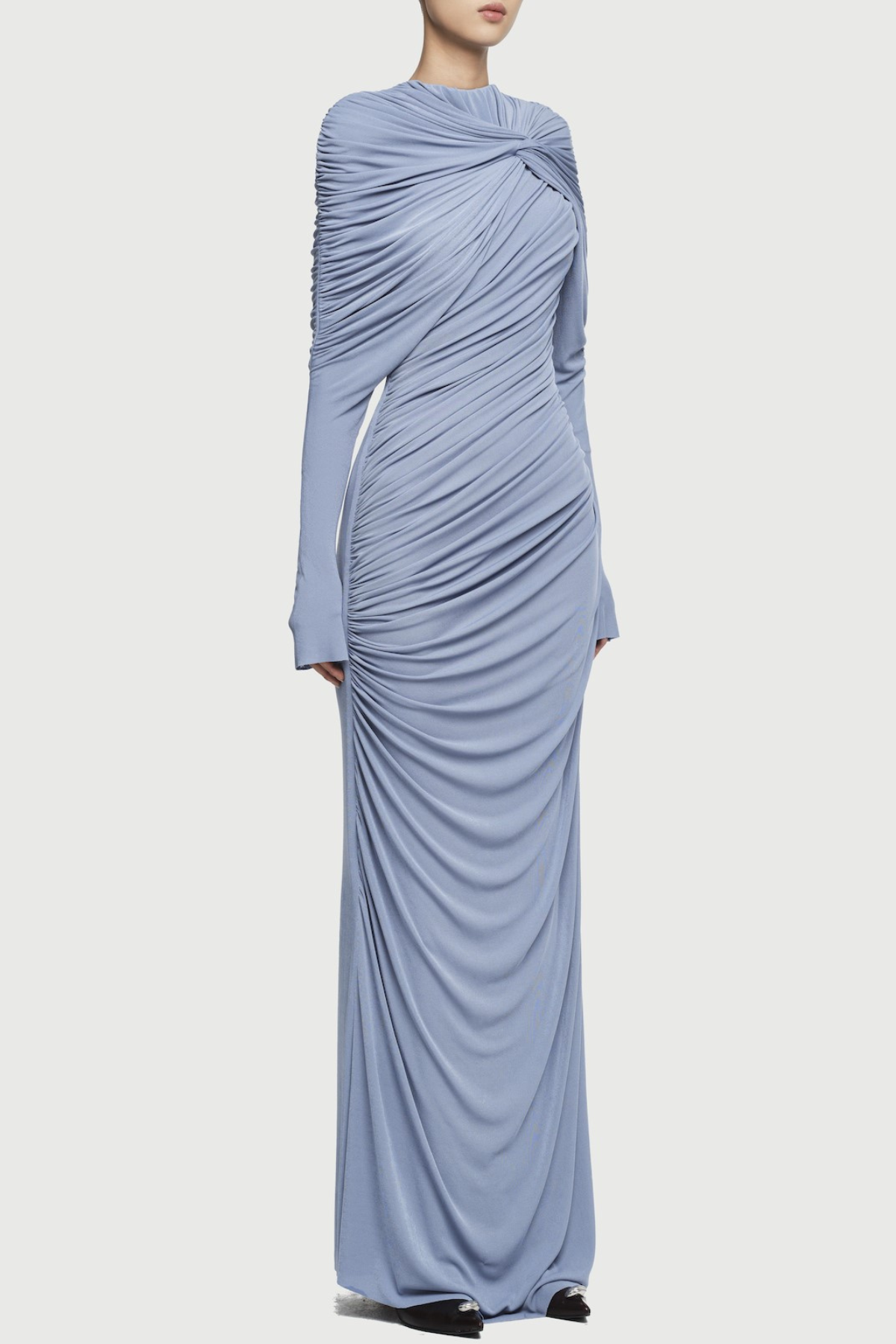 bonnie long sleeve pleated knot bodycon maxi dress in blue
