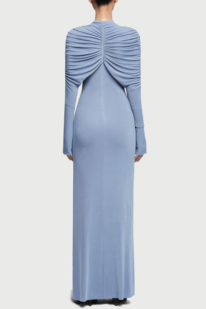bonnie long sleeve pleated knot bodycon maxi dress in blue
