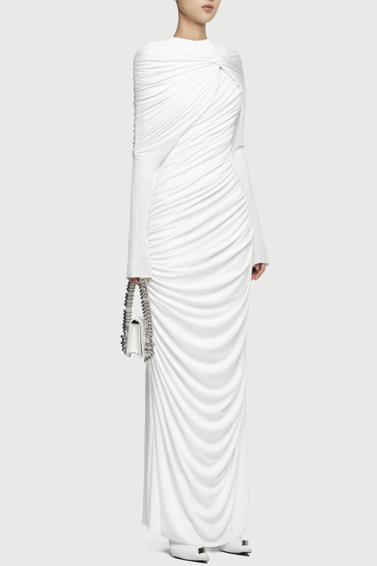 bonnie long sleeve pleated knot bodycon maxi dress in white