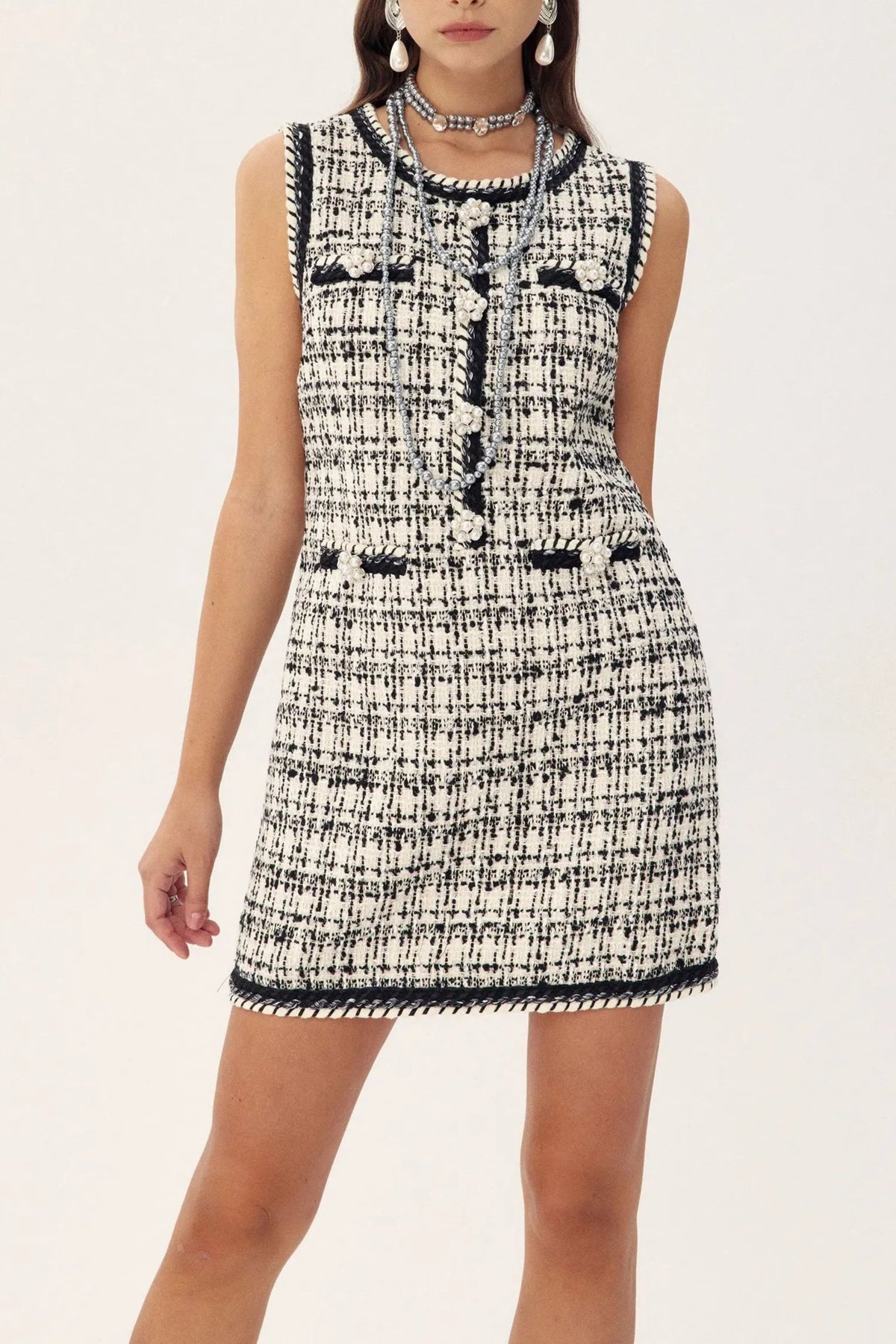 ALDINE DIAMANTE CONTRAST TRIMMED TWEED MINI DRESS