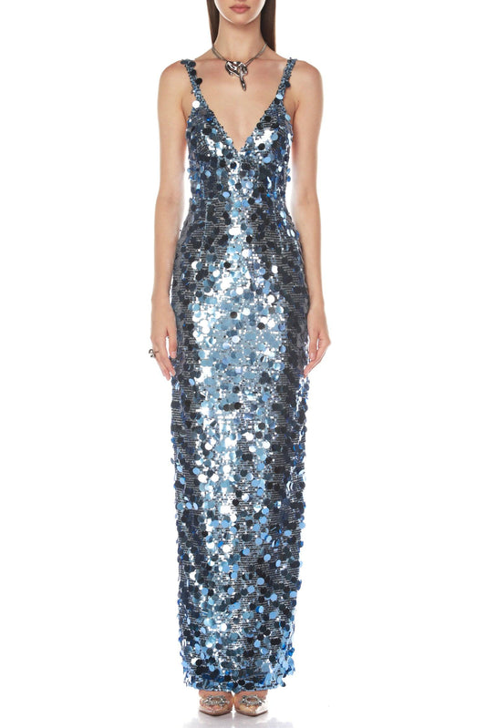 roberta Deep V-Neck Sequin Column Gown in blue
