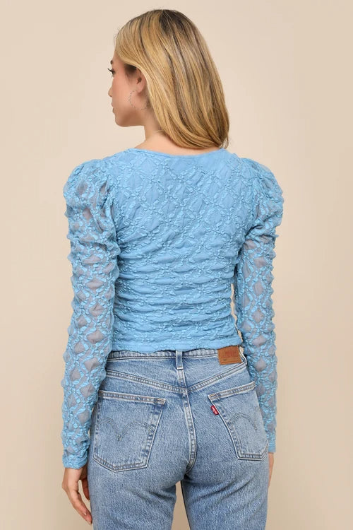 Light Blue Lace Long Sleeve Corset Crop Top