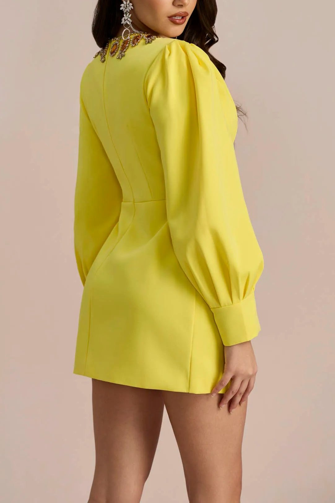 AMELIA CRYSTAL-EMBELLISHED LANTERN SLEEVE MINI DRESS