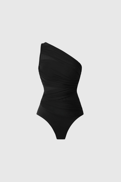 mamie Single Shoulder Mesh Ruch Swimsuit In Black