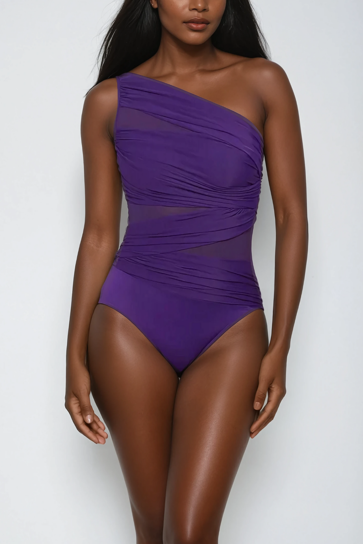 mamie Single Shoulder Mesh Ruch Swimsuit In Purple