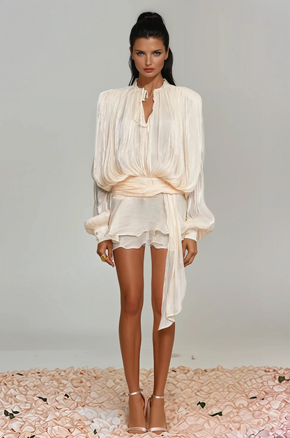 hermosa Balloon Sleeve Ruch Ruffle Mini Dress In Apricot