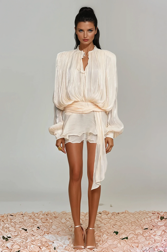 hermosa Balloon Sleeve Ruch Ruffle Mini Dress In Apricot