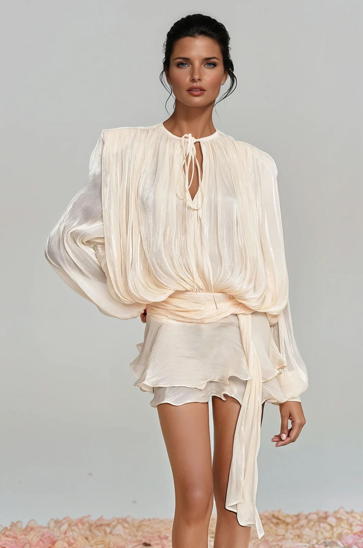 hermosa Balloon Sleeve Ruch Ruffle Mini Dress In Apricot