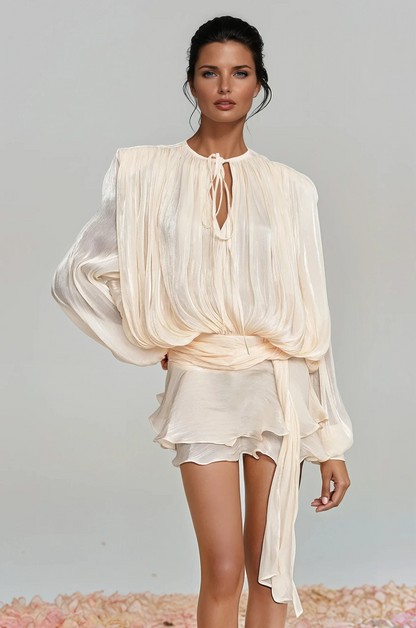 hermosa Balloon Sleeve Ruch Ruffle Mini Dress In Apricot