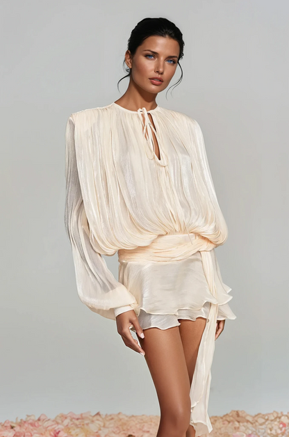 hermosa Balloon Sleeve Ruch Ruffle Mini Dress In Apricot