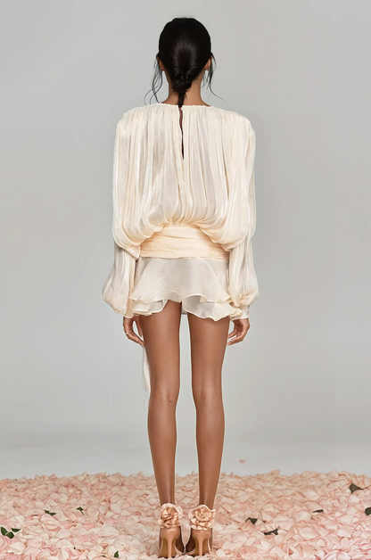 hermosa Balloon Sleeve Ruch Ruffle Mini Dress In Apricot
