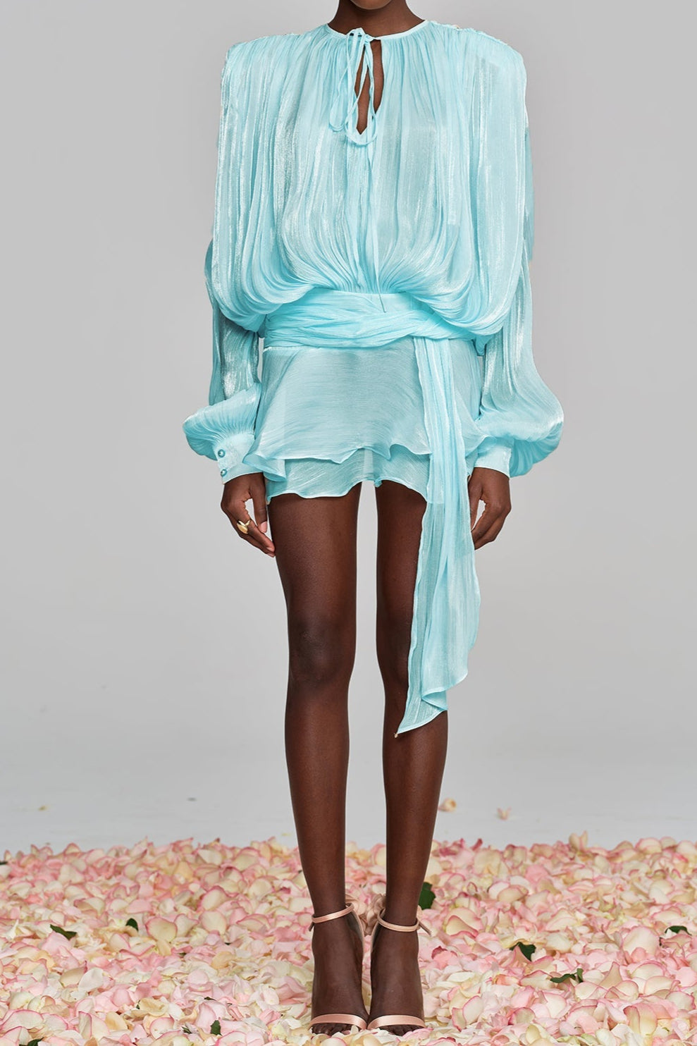 hermosa Balloon Sleeve Ruch Ruffle Mini Dress In Baby Blue