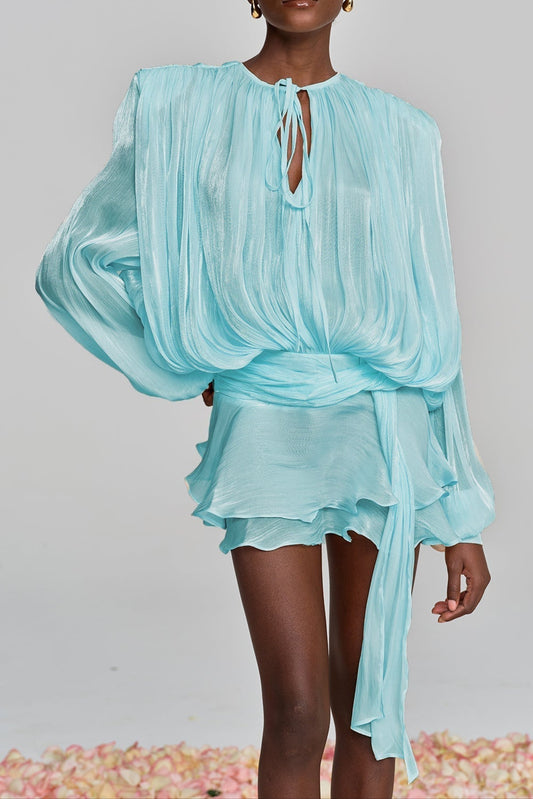 hermosa Balloon Sleeve Ruch Ruffle Mini Dress In Baby Blue