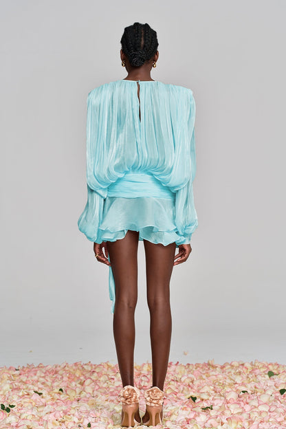 hermosa Balloon Sleeve Ruch Ruffle Mini Dress In Baby Blue