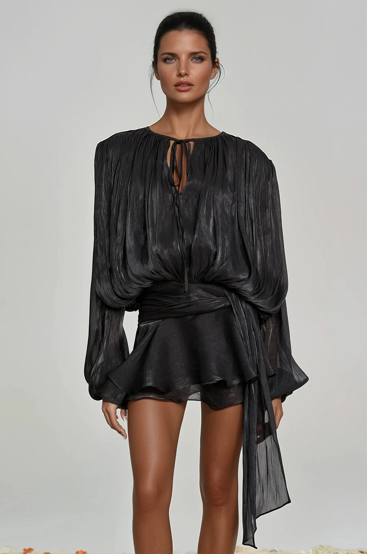 hermosa Balloon Sleeve Ruch Ruffle Mini Dress In Black