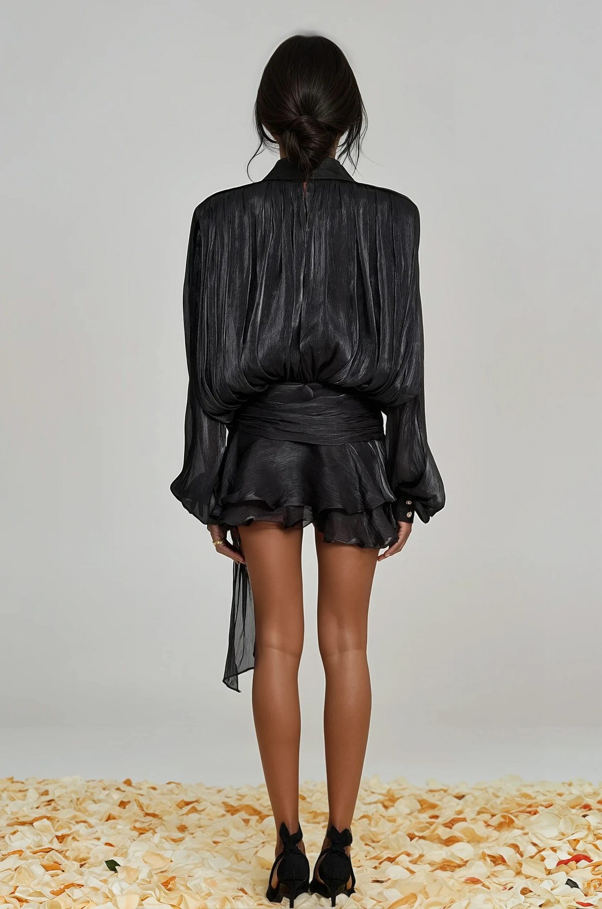 hermosa Balloon Sleeve Ruch Ruffle Mini Dress In Black