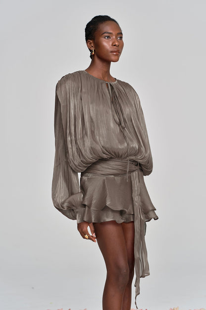 hermosa Balloon Sleeve Ruch Ruffle Mini Dress In Brown