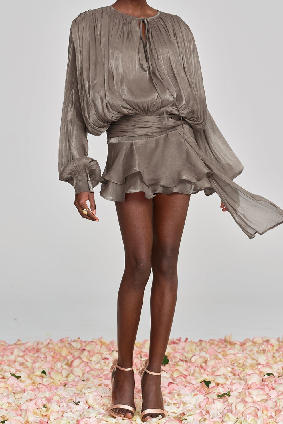 hermosa Balloon Sleeve Ruch Ruffle Mini Dress In Brown