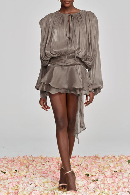 hermosa Balloon Sleeve Ruch Ruffle Mini Dress In Brown