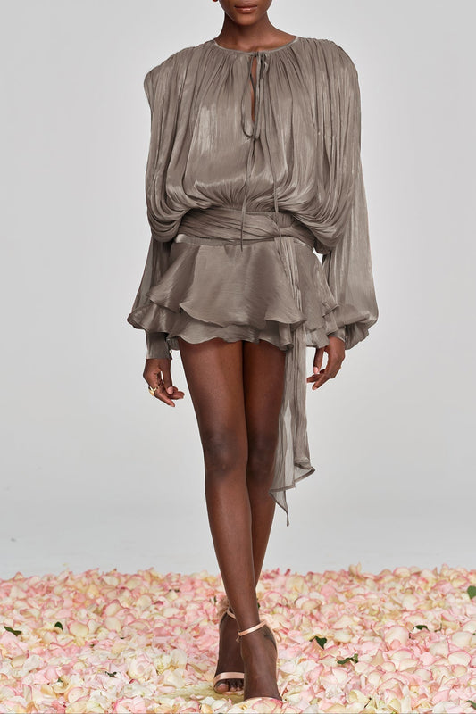 hermosa Balloon Sleeve Ruch Ruffle Mini Dress In Brown