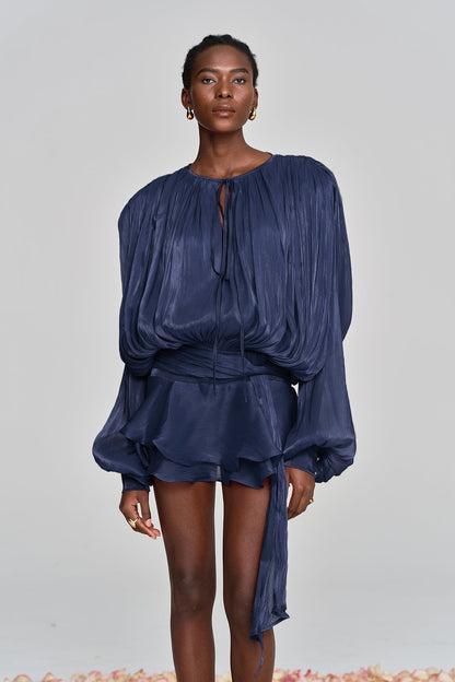 hermosa Balloon Sleeve Ruch Ruffle Mini Dress In Deep Blue