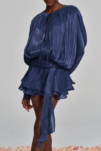 hermosa Balloon Sleeve Ruch Ruffle Mini Dress In Deep Blue
