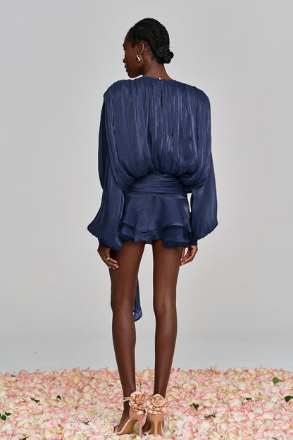 hermosa Balloon Sleeve Ruch Ruffle Mini Dress In Deep Blue