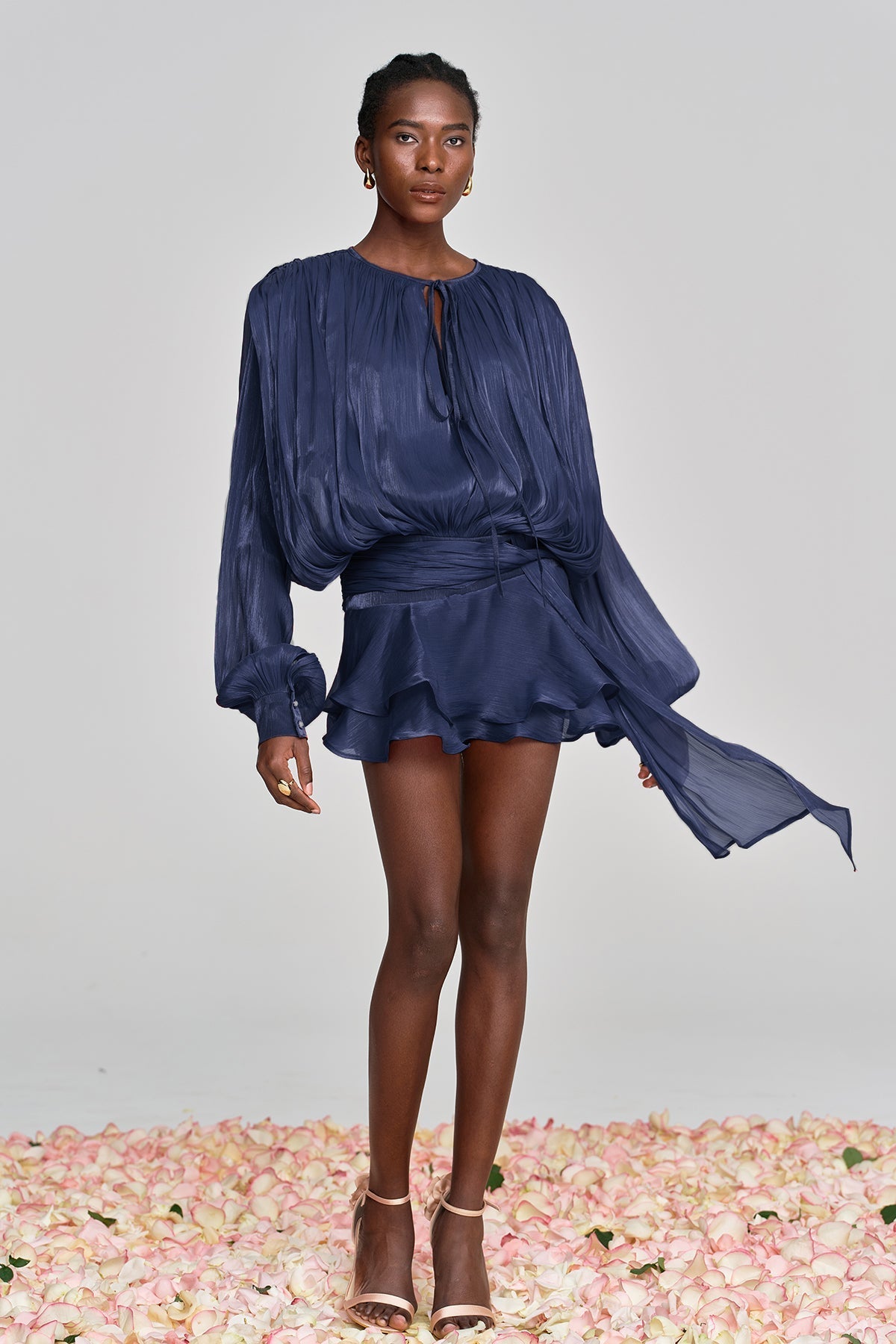 hermosa Balloon Sleeve Ruch Ruffle Mini Dress In Deep Blue