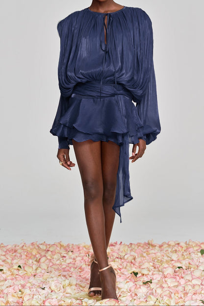 hermosa Balloon Sleeve Ruch Ruffle Mini Dress In Deep Blue