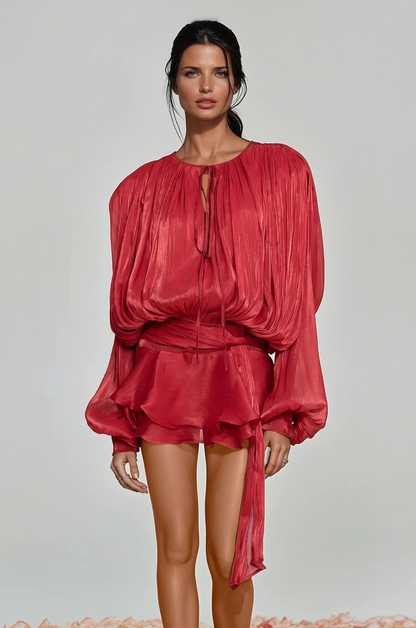 hermosa Balloon Sleeve Ruch Ruffle Mini Dress In Red
