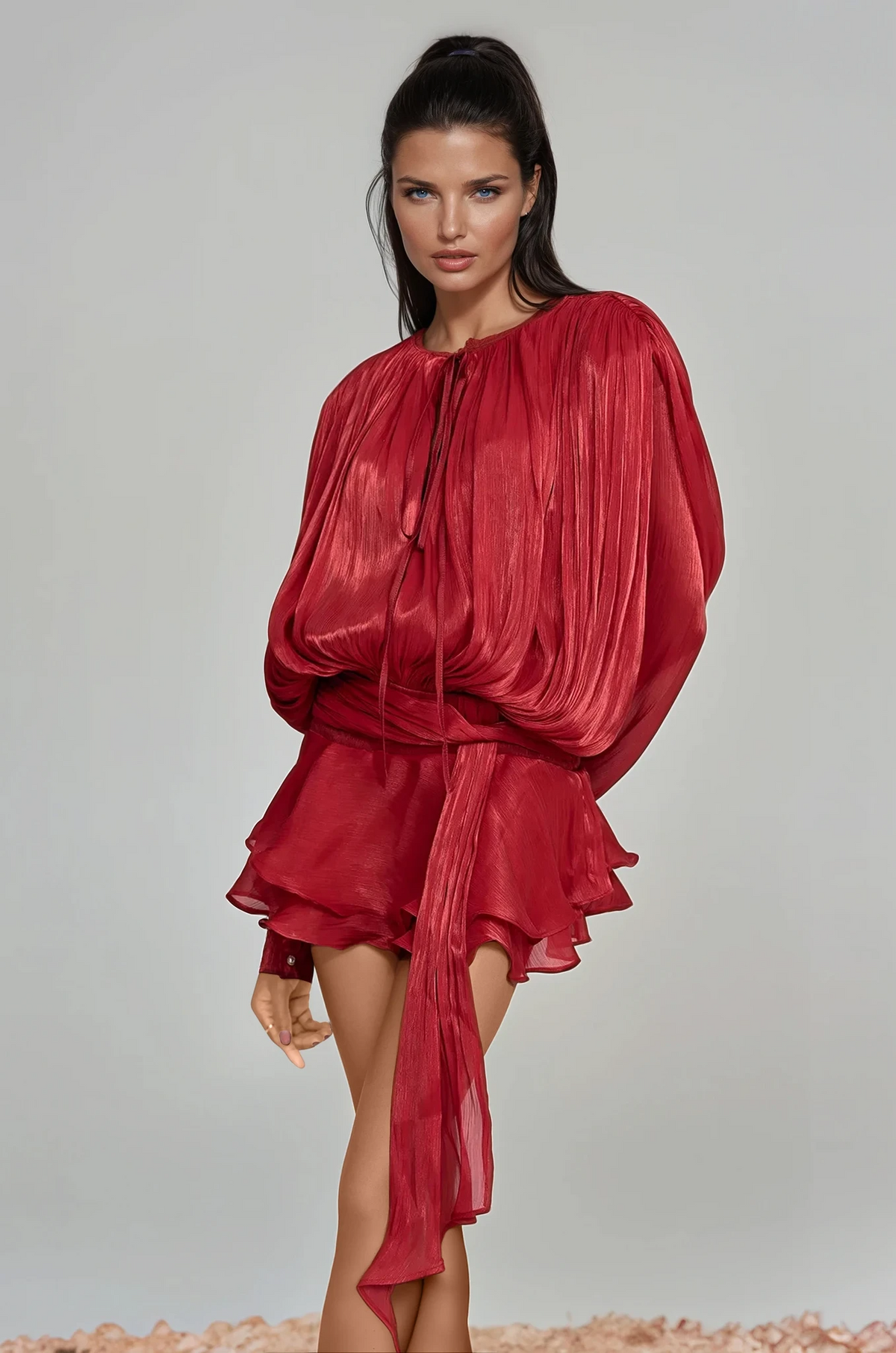 hermosa Balloon Sleeve Ruch Ruffle Mini Dress In Red