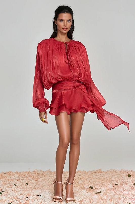 hermosa Balloon Sleeve Ruch Ruffle Mini Dress In Red
