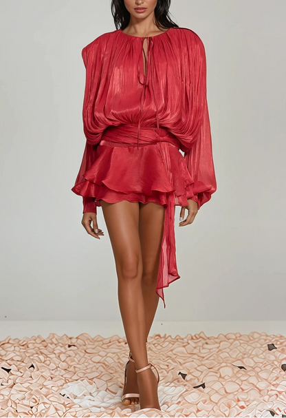 hermosa Balloon Sleeve Ruch Ruffle Mini Dress In Red