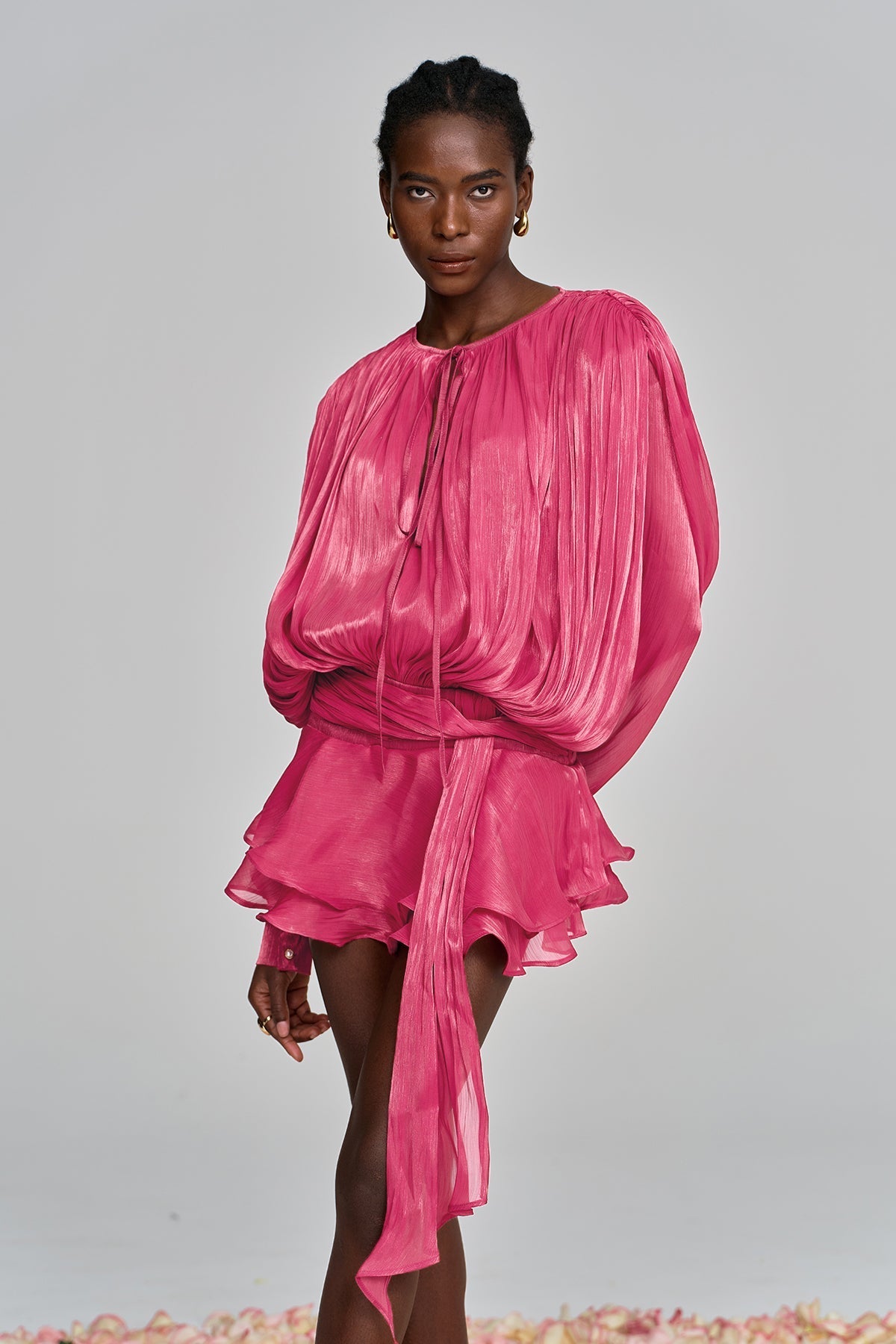 hermosa Balloon Sleeve Ruch Ruffle Mini Dress In Rose Red