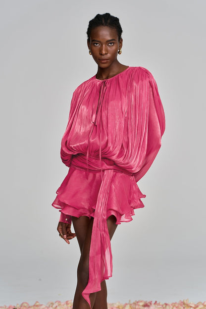 hermosa Balloon Sleeve Ruch Ruffle Mini Dress In Rose Red