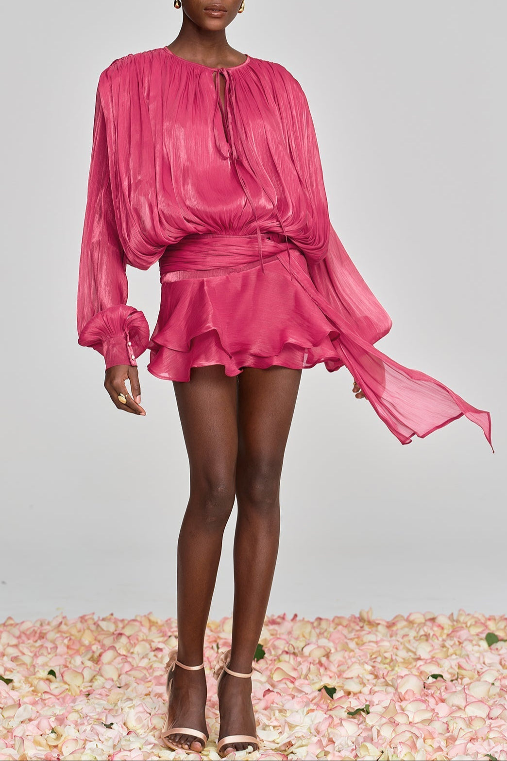 hermosa Balloon Sleeve Ruch Ruffle Mini Dress In Rose Red