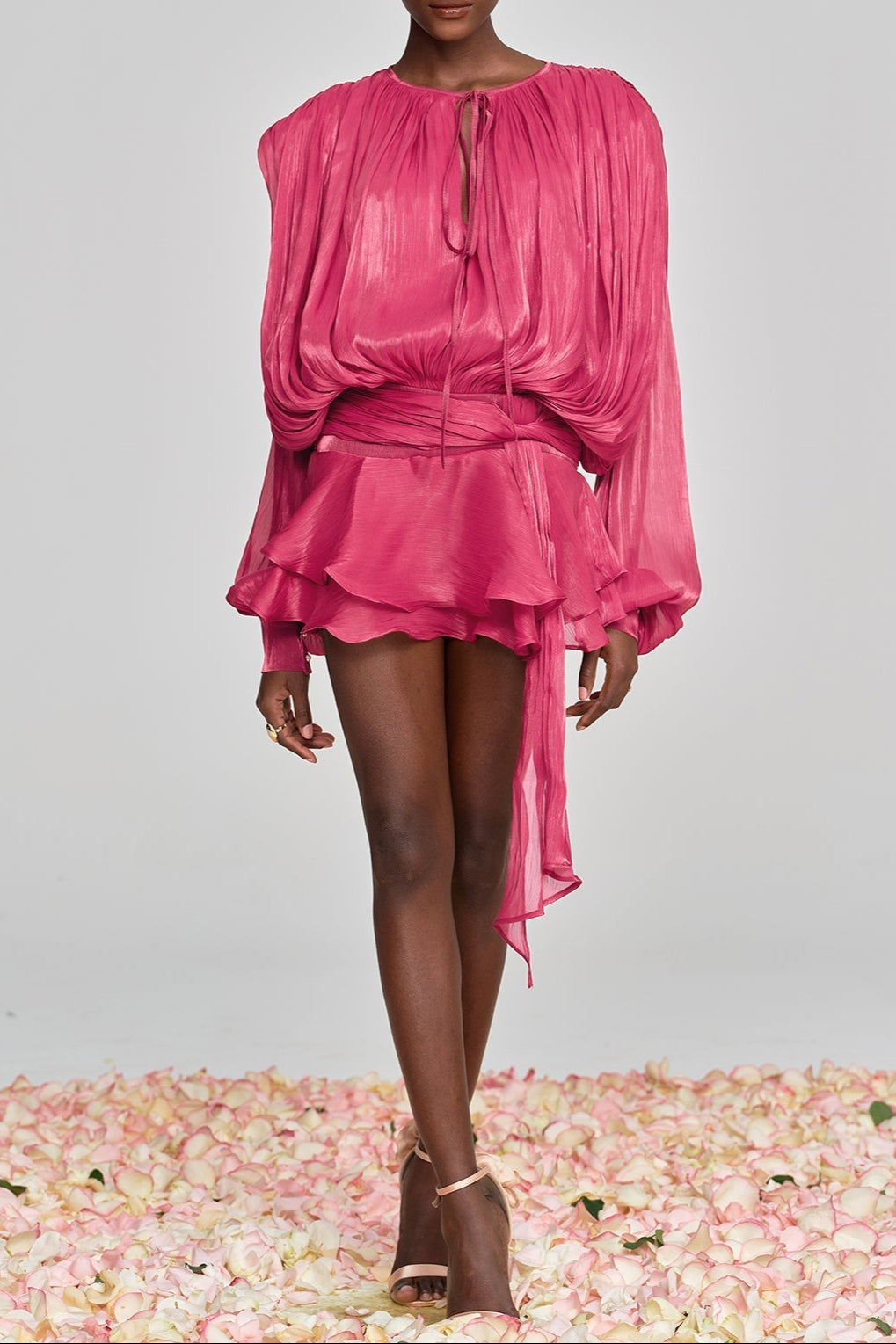 hermosa Balloon Sleeve Ruch Ruffle Mini Dress In Rose Red