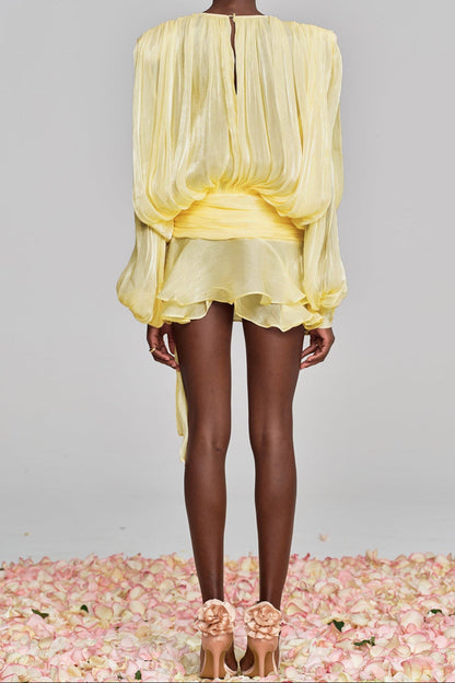 hermosa Balloon Sleeve Ruch Ruffle Mini Dress In Yellow