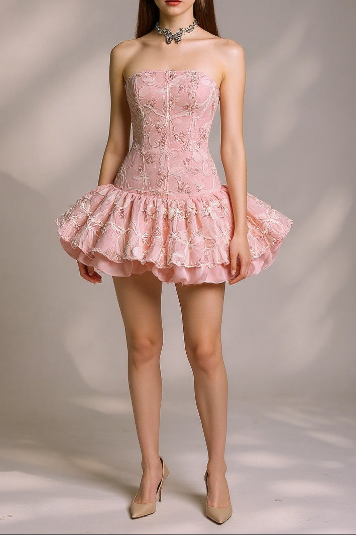 katherine Embroidered Lace Ruffle Mini Dress in pink