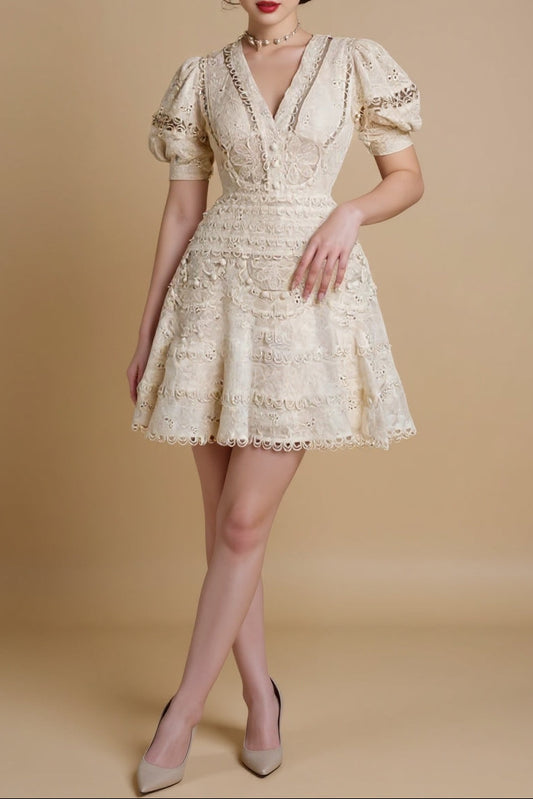 Embroidery V-NECK MINI DRESS IN BEIGE