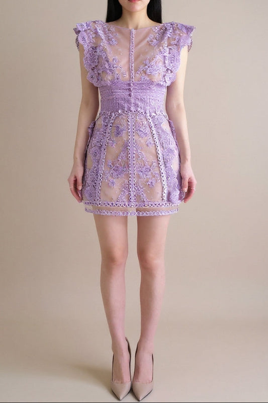 SLEEVELESS LACE A-LINE MINI DRESS IN LILAC