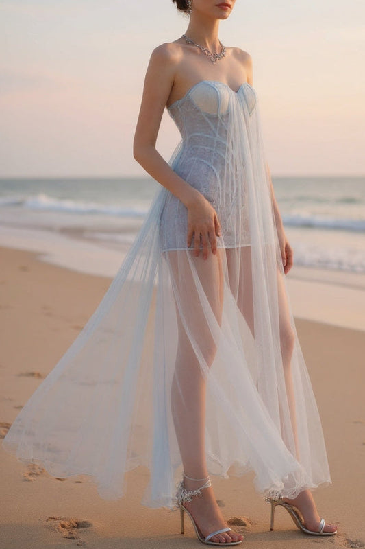  light blue dress with sheer overlay 