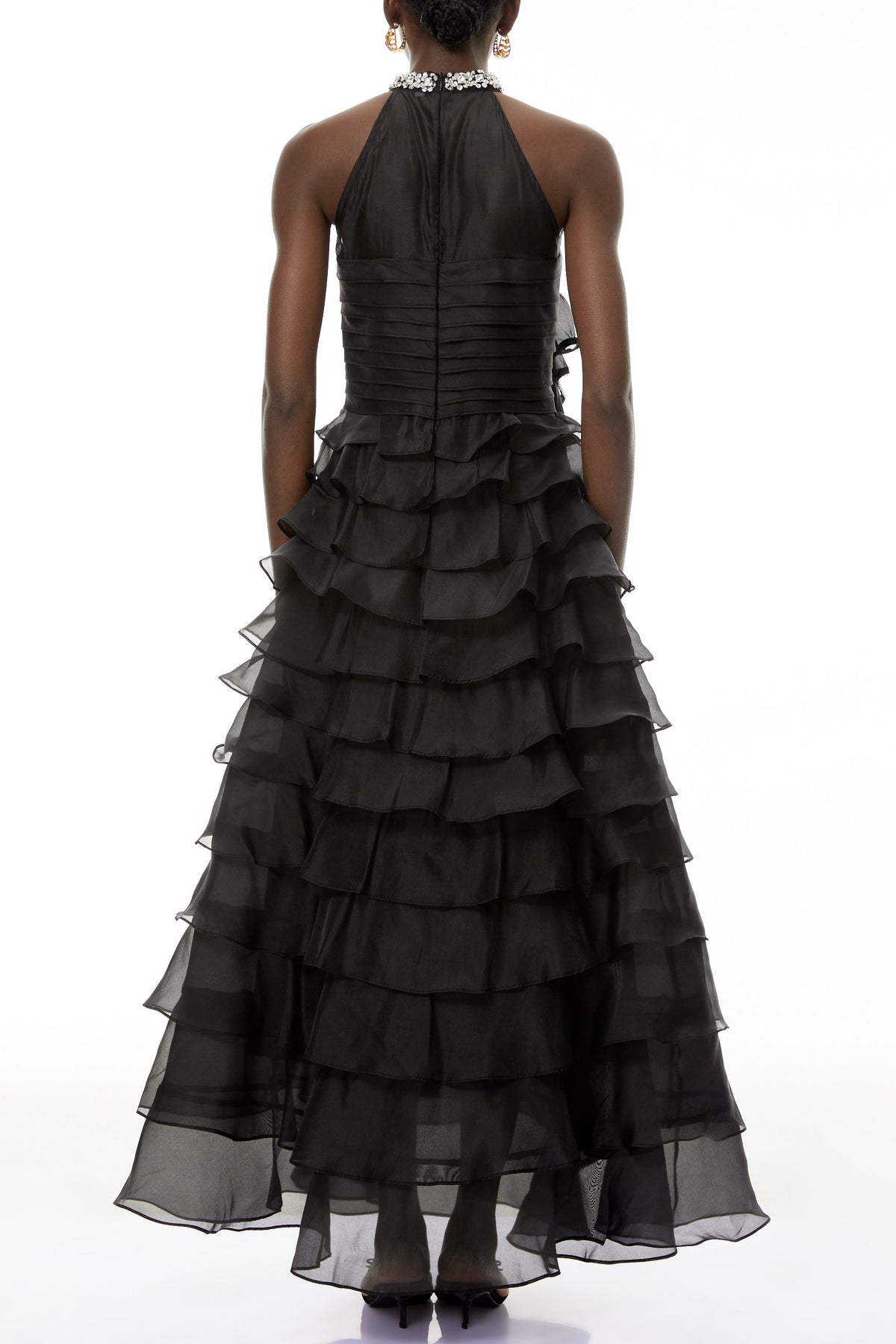 samantha Black 3D Petal Ruffled rhinestone embellished Maxi Dress