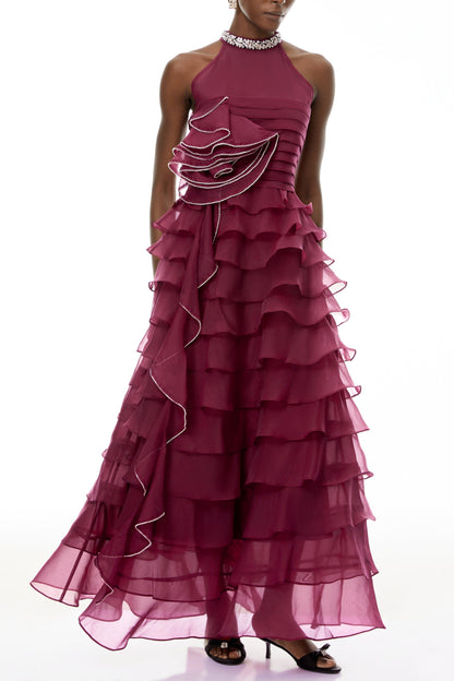 samantha Red 3D Petal Ruffled rhinestone embellished Maxi Dress