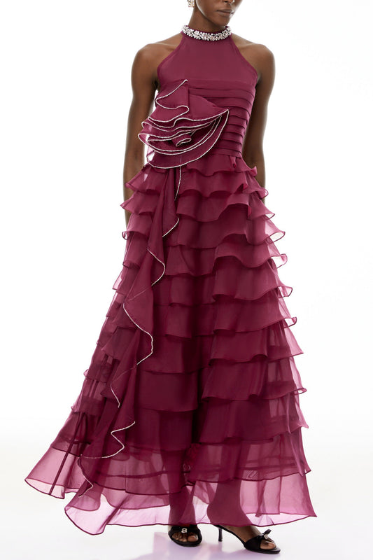 samantha Red 3D Petal Ruffled rhinestone embellished Maxi Dress