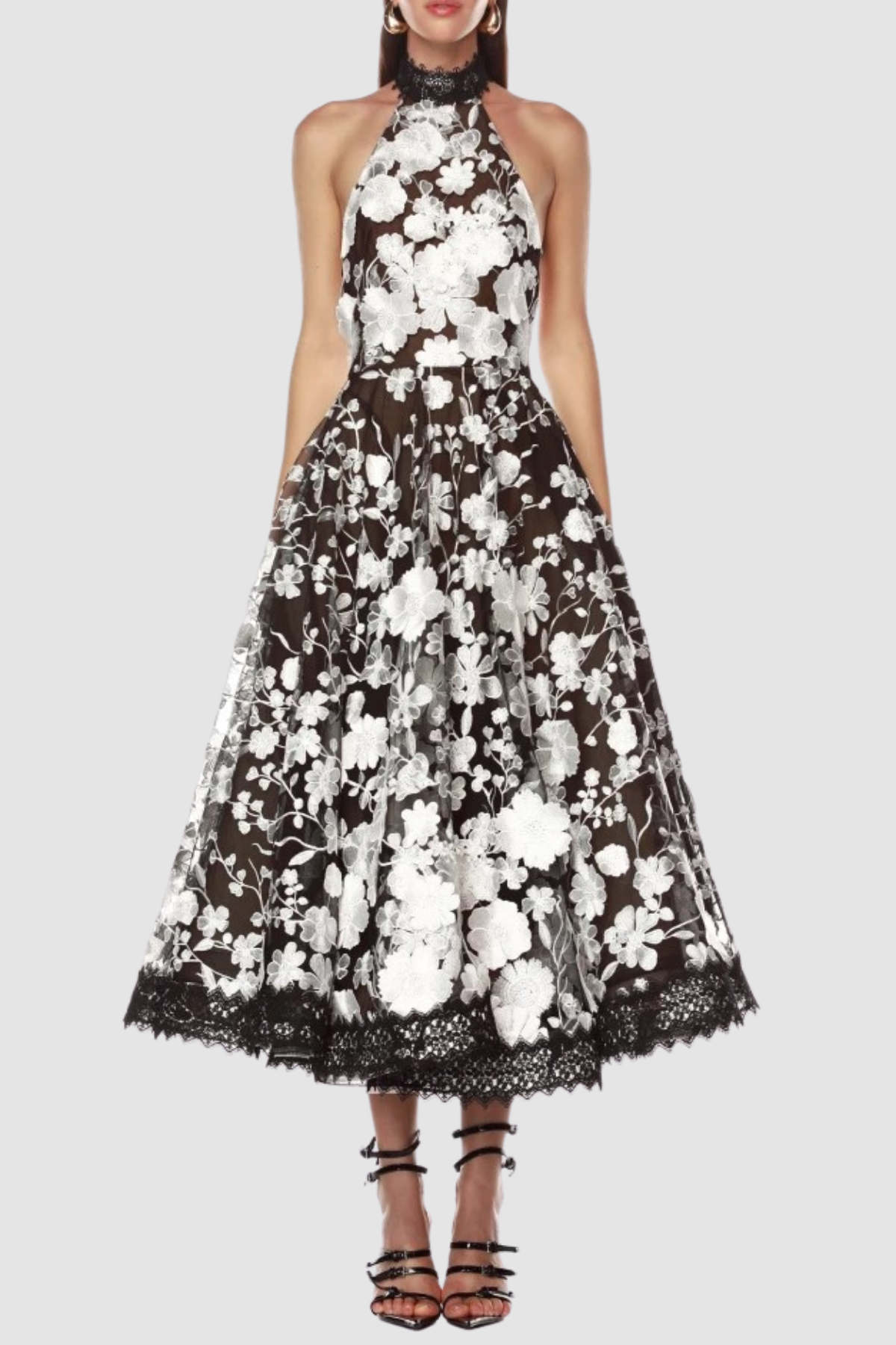 alyssa black Halter Floral Embroidered Midi Dress