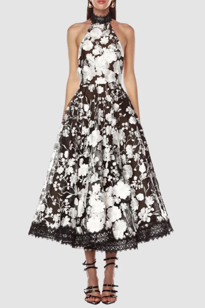 alyssa black Halter Floral Embroidered Midi Dress